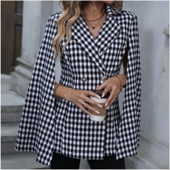 Classic Houndstooth Print Cloak Sleeve Jacket - Picture 3 of 6